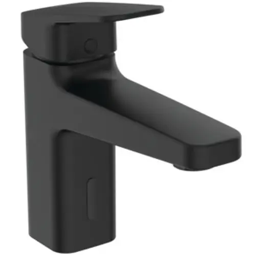 Schwarze Armatur mit einem senkrechten Wasserstrahl und einem Sensor. Ideal Standard Design, geeignet für moderne Badezimmeranwendungen.